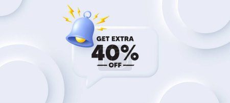 Illustration for Get Extra 40 percent off Sale. Neumorphic background with chat speech bubble. Discount offer price sign. Special offer symbol. Save 40 percentages. Extra discount speech message. Vector - Royalty Free Image