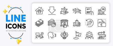 Illustration for Cake, Recovery tool and Petrol station line icons set for app include Milestone, Bike path, Team work outline thin icon. Downloading, Clown, Skyscraper buildings pictogram icon. Vector - Royalty Free Image