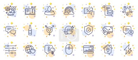Illustration for Outline set of Employees messenger, Lamp and Chat bubble line icons for web app. Include Security shield, Marketing statistics, Social media pictogram icons. Electricity, Lgbt. Vector - Royalty Free Image