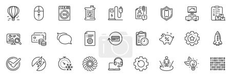 Illustration for Icons pack as Consult, Augmented reality and Fan engine line icons for app include Charging station, Smartphone protection, Eco energy outline thin icon web set. Delivery report. Vector - Royalty Free Image