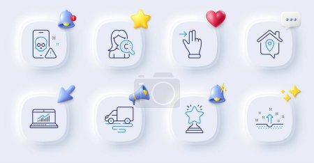 Illustration for Cyber attack, Clean skin and Touchscreen gesture line icons. Buttons with 3d bell, chat speech, cursor. Pack of Collagen skin, Delivery route, Winner icon. Vector - Royalty Free Image
