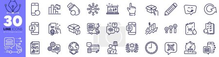 Illustration for Customer satisfaction, Ab testing and Hold box line icons pack. Qr code, Weather phone, Inspect web icon. Reload, Yummy smile, Flash memory pictogram. Food order, Cursor, Certificate. Vector - Royalty Free Image