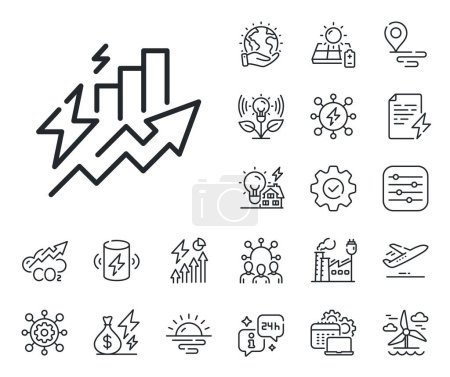 Illustration for Electric power up trend sign. Energy, Co2 exhaust and solar panel outline icons. Consumption growth line icon. Energy inflation symbol. Consumption growth line sign. Vector - Royalty Free Image