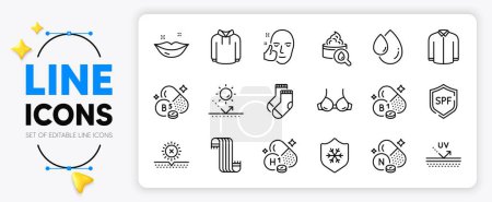 Illustration for No sun, Healthy face and Socks line icons set for app include Bra, Spf protection, Hoody outline thin icon. Uv protection, Clean skin, Oil drop pictogram icon. Vitamin h1, Shirt. Vector - Royalty Free Image