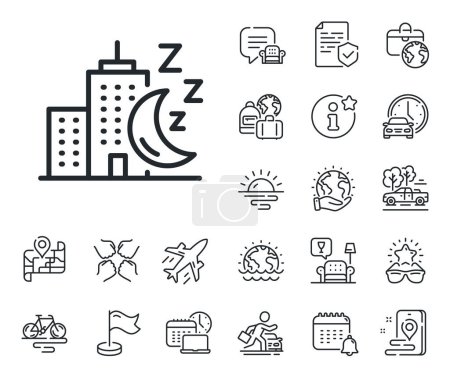 Illustration for Skyscraper sleep sign. Plane jet, travel map and baggage claim outline icons. Night city line icon. Building with moon symbol. Night city line sign. Car rental, taxi transport icon. Vector - Royalty Free Image