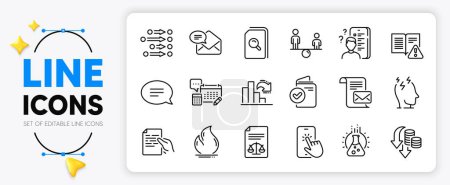 Illustration for Instruction manual, Chat and Equity line icons set for app include New mail, Search files, Chemistry lab outline thin icon. Mail letter, Hold document, Fire energy pictogram icon. Vector - Royalty Free Image