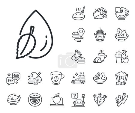 Illustration for Clean aqua leaf sign. Crepe, sweet popcorn and salad outline icons. Mint water drop line icon. Liquid symbol. Water drop line sign. Pasta spaghetti, fresh juice icon. Supply chain. Vector - Royalty Free Image