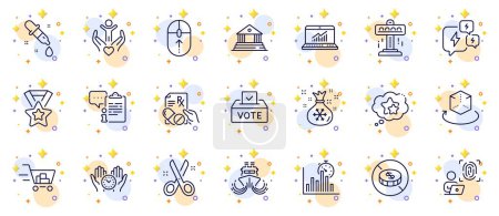 Illustration for Outline set of Ship, Stress and Volunteer line icons for web app. Include No cash, Chemistry pipette, Shopping cart pictogram icons. Swipe up, Santa sack, Online statistics signs. Vector - Royalty Free Image