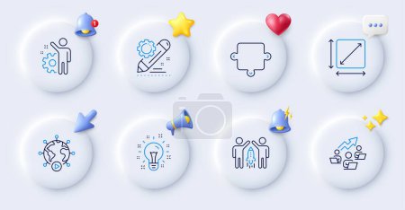 Illustration for Project edit, Employee and Idea line icons. Buttons with 3d bell, chat speech, cursor. Pack of Puzzle, Teamwork chart, Partnership icon. Square area, Video conference pictogram. Vector - Royalty Free Image