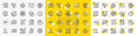 Illustration for Outline Waterproof, Globe and 360 degrees line icons pack for web with Magnesium mineral, Handout, Time management line icon. Share idea, Filter, Order pictogram icon. Cold-pressed oil. Vector - Royalty Free Image