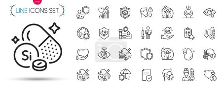 Illustration for Pack of Covid test, Coronavirus and Heart beat line icons. Include Shields, Folate vitamin, Vaccination announcement pictogram icons. Insurance policy, Stay home, Shield signs. Vector - Royalty Free Image