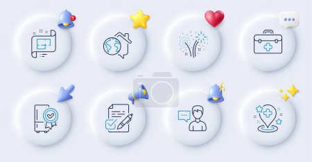 Illustration for Hospital, Voting ballot and Certified refrigerator line icons. Buttons with 3d bell, chat speech, cursor. Pack of Person talk, Architectural plan, First aid icon. Vector - Royalty Free Image