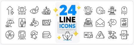 Illustration for Icons set of Vacuum cleaner, Music book and Energy growing line icons pack for app with Download photo, Eye drops, Typewriter thin outline icon. Metro, Delegate work, Pin pictogram. Vector - Royalty Free Image