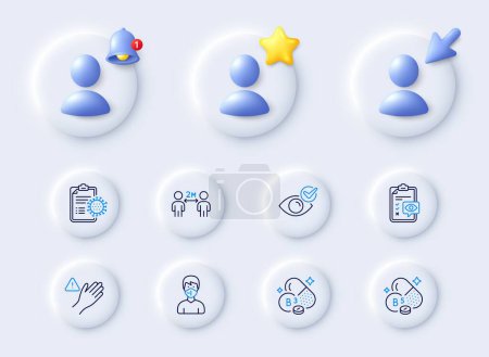 Illustration for Dont touch, Pantothenic acid and Social distancing line icons. Placeholder with 3d cursor, bell, star. Pack of Niacin vitamin, Eye checklist, Check eye icon. Vector - Royalty Free Image