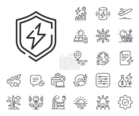 Illustration for Electric energy shield sign. Energy, Co2 exhaust and solar panel outline icons. Power safety line icon. Lightning bolt symbol. Power safety line sign. Eco electric or wind power icon. Vector - Royalty Free Image