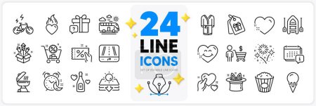 Illustration for Icons set of Popcorn, Calendar and Hold heart line icons pack for app with Fireworks rocket, Buyer, Sun protection thin outline icon. Bathrobe, Ice cream, Discount coupon pictogram. Vector - Royalty Free Image