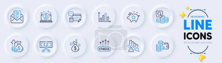 Illustration for Inspect, Wallet and Diagram graph line icons for web app. Pack of Account, Bitcoin, Money bag pictogram icons. Deflation, Credit card, Inflation signs. Loyalty points, Stress grows, Cut tax. Vector - Royalty Free Image