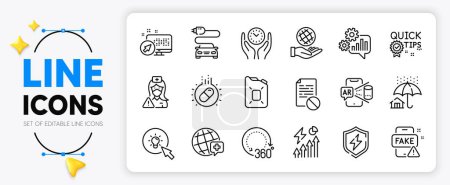 Illustration for Wrong file, Cogwheel and Safe planet line icons set for app include Quick tips, Augmented reality, Home insurance outline thin icon. Fake news, Canister oil, Car charge pictogram icon. Vector - Royalty Free Image