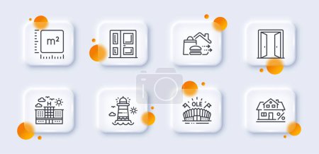 Illustration for Hotel, Lighthouse and Square meter line icons pack. 3d glass buttons with blurred circles. Food delivery, Sports arena, Entrance web icon. Mortgage, Open door pictogram. For web app, printing. Vector - Royalty Free Image