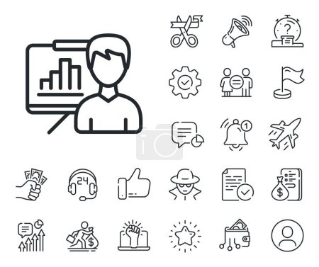 Illustration for Column graph sign. Salaryman, gender equality and alert bell outline icons. Presentation board line icon. Growth diagram symbol. Presentation board line sign. Spy or profile placeholder icon. Vector - Royalty Free Image