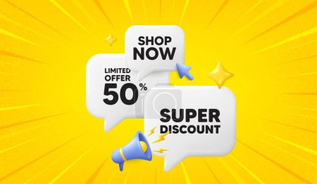 Illustration for Super discount tag. 3d offer chat speech bubbles. Sale sign. Advertising Discounts symbol. Super discount speech bubble 3d message. Talk box megaphone banner. Vector - Royalty Free Image