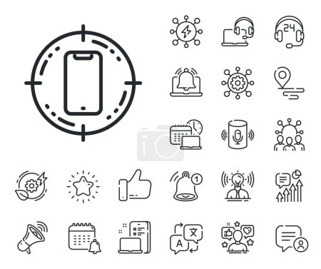 Illustration for Phone sign. Place location, technology and smart speaker outline icons. Smartphone target line icon. Mobile device symbol. Smartphone target line sign. Influencer, brand ambassador icon. Vector - Royalty Free Image