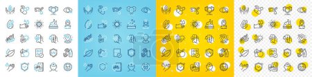 Illustration for Vector icons set of Vaccine announcement, Shield and Hypoallergenic tested line icons pack for web with Farsightedness, Dont touch, Cardio training outline icon. Mint leaves. Vector - Royalty Free Image