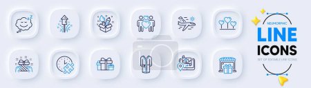 Illustration for Airplane travel, Love heart and Gift line icons for web app. Pack of Bathrobe, Sleep, Gift shop pictogram icons. Gps, Creativity, Puzzle time signs. Fireworks, Holiday presents, Love couple. Vector - Royalty Free Image