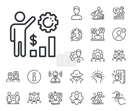 Illustration for Work results sign. Specialist, doctor and job competition outline icons. Employees wealth line icon. Money chart symbol. Employees wealth line sign. Avatar placeholder, spy headshot icon. Vector - Royalty Free Image