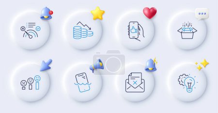 Illustration for Reject letter, Idea gear and Like app line icons. Buttons with 3d bell, chat speech, cursor. Pack of Packing boxes, Customer satisfaction, No internet icon. Vector - Royalty Free Image