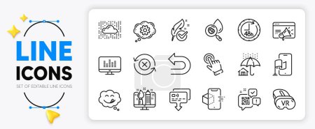 Illustration for Cloud system, Hypoallergenic tested and Cursor line icons set for app include Reject refresh, Augmented reality, Vr outline thin icon. Location app, Home insurance, Yummy smile pictogram icon. Vector - Royalty Free Image