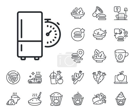 Illustration for Fridge time sign. Crepe, sweet popcorn and salad outline icons. Refrigerator timer line icon. Freezer storage symbol. Refrigerator timer line sign. Pasta spaghetti, fresh juice icon. Vector - Royalty Free Image