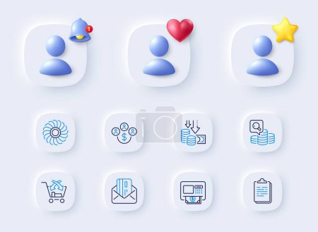 Illustration for Inspect, Credit card and Clipboard line icons. Placeholder with 3d bell, star, heart. Pack of Atm, Fan engine, Buying currency icon. Cross sell, Deflation pictogram. For web app, printing. Vector - Royalty Free Image