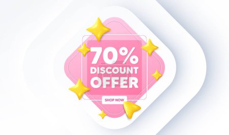 Illustration for 70 percent discount tag. Neumorphic promotion banner. Sale offer price sign. Special offer symbol. Discount message. 3d stars with cursor pointer. Vector - Royalty Free Image