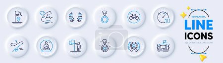 Illustration for Bicycle prohibited, Timer and Winner reward line icons for web app. Pack of Flag, Fishing rod, Yoga pictogram icons. Arena, Leadership, Winner ribbon signs. Strong arm, Laurel wreath, Medal. Vector - Royalty Free Image