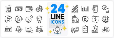 Illustration for Icons set of Checkbox, Payment and Green electricity line icons pack for app with Teamwork, Payment message, Oil barrel thin outline icon. Chemical formula, Accounting. Design with 3d stars. Vector - Royalty Free Image