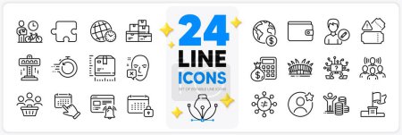 Illustration for Icons set of Calendar, Fast recovery and Arena stadium line icons pack for app with Time zone, Internet notification, Bike courier thin outline icon. Face declined, Team work, Puzzle pictogram. Vector - Royalty Free Image