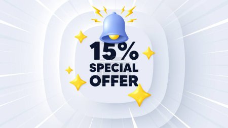 Illustration for 15 percent discount offer tag. Neumorphic banner with sunburst. Sale price promo sign. Special offer symbol. Discount message. Banner with 3d bell. Circular neumorphic template. Vector - Royalty Free Image