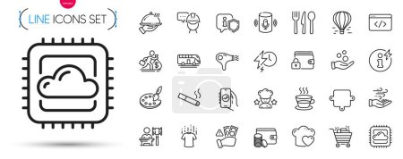 Illustration for Pack of Seo script, Foreman and Wind energy line icons. Include Charging time, Auction, Dry t-shirt pictogram icons. Bus tour, Donation money, Lock signs. Love cooking, Power info. Vector - Royalty Free Image