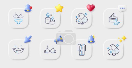 Illustration for Night cream, Lingerie and Lips line icons. Buttons with 3d bell, chat speech, cursor. Pack of Vitamin c, Bra, Biotin vitamin icon. Aroma candle, Bathrobe pictogram. For web app, printing. Vector - Royalty Free Image