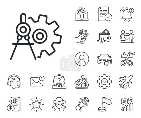 Illustration for Engineering tool sign. Salaryman, gender equality and alert bell outline icons. Cogwheel dividers line icon. Cog gear symbol. Cogwheel dividers line sign. Spy or profile placeholder icon. Vector - Royalty Free Image