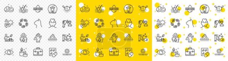 Outline Organic tested, First aid and Spf protection line icons pack for web with No sun, Eco bike, Washing hands line icon. Anti-dandruff flakes, Capsule pill, Family insurance pictogram icon. Vector