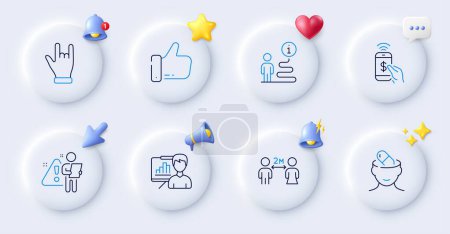 Illustration for Social distancing, Support and Presentation board line icons. Buttons with 3d bell, chat speech, cursor. Pack of Like, Phone payment, Depression treatment icon. Vector - Royalty Free Image