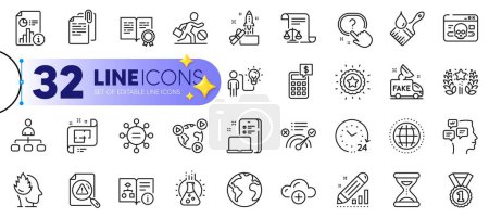 Illustration for Outline set of Search document, Ranking and Report line icons for web with Time, Cloud computing, Globe thin icon. Cyber attack, Calculator, Innovation pictogram icon. Certificate. Vector - Royalty Free Image