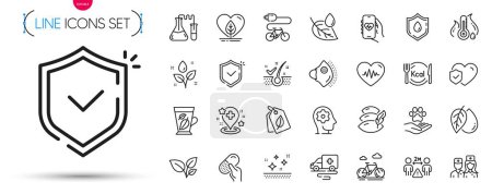 Illustration for Pack of Heartbeat, Medical mask and Doctor line icons. Include Clean skin, Life insurance, Mineral oil pictogram icons. Shield, Calories, Pillow signs. Electric bike, Social distance. Vector - Royalty Free Image