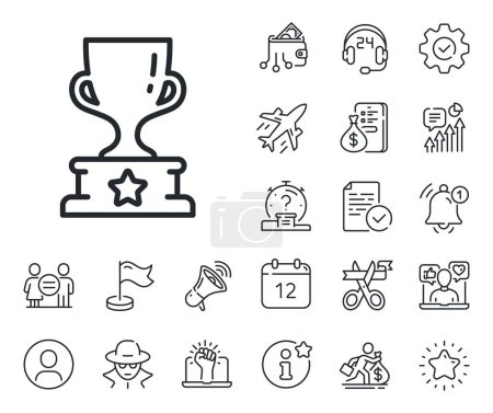 Illustration for Award trophy sign. Salaryman, gender equality and alert bell outline icons. Winner cup line icon. Best achievement symbol. Winner cup line sign. Spy or profile placeholder icon. Vector - Royalty Free Image