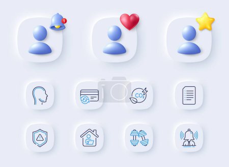 Illustration for Shield, Change card and Work home line icons. Placeholder with 3d bell, star, heart. Pack of Co2 gas, Dumbbells, Document icon. Head, Brand pictogram. For web app, printing. Vector - Royalty Free Image