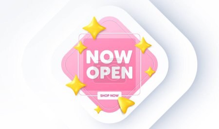 Illustration for Now open tag. Neumorphic promotion banner. Promotion new business sign. Welcome advertising symbol. Now open message. 3d stars with cursor pointer. Vector - Royalty Free Image
