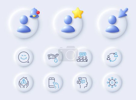 Illustration for User communication, Online voting and Smile face line icons. Placeholder with 3d cursor, bell, star. Pack of Ethics, House protection, Wash hands icon. Hold smartphone, Messages pictogram. Vector - Royalty Free Image
