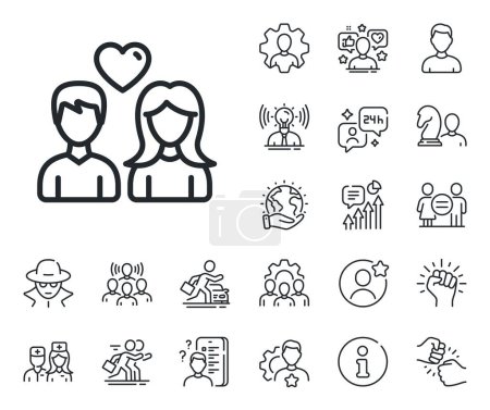 Illustration for Users Group sign. Specialist, doctor and job competition outline icons. Couple with Heart line icon. Male and Female Person silhouette symbol. Couple love line sign. Vector - Royalty Free Image